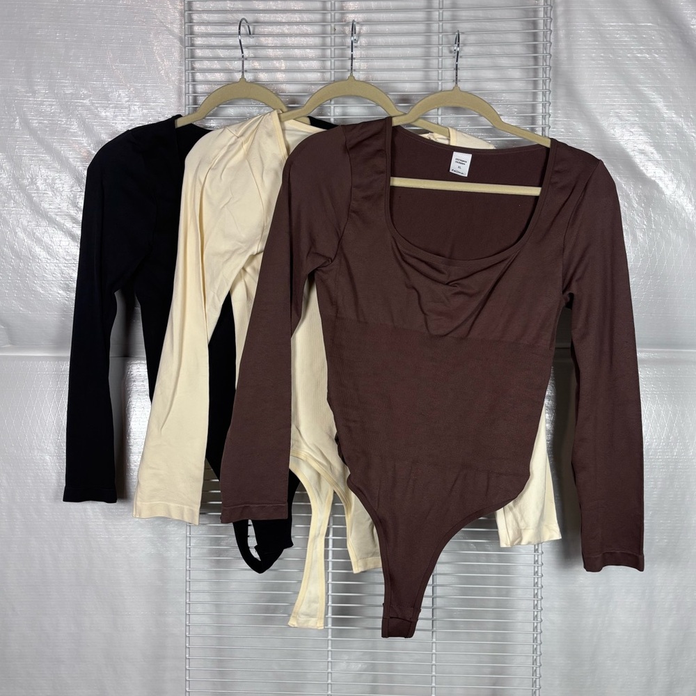 NWOT Long-Sleeve Stretch Bodysuit — XL — Chocolate / Cream / Black - Set of 3